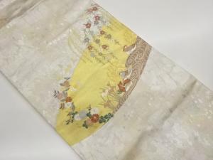 青銅箔枝垂れ桜に菊・鴛鴦・水車模様織出し名古屋帯